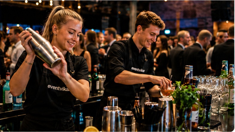 Eventvikar bartendere arbejder bag en travl cocktailbar